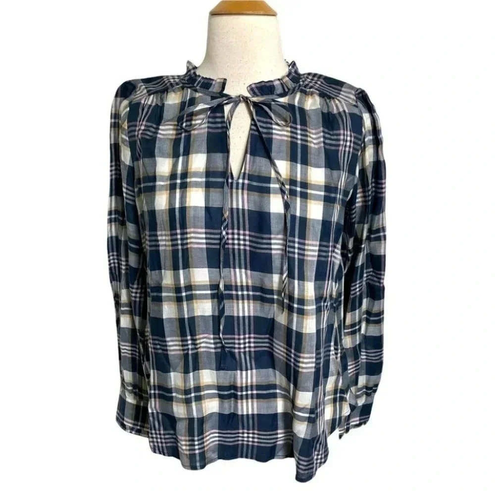 LOFT Plaid Blouse XS Navy Blue Ruffle Neck Tie Keyhole Long Sleeve Lyocell
